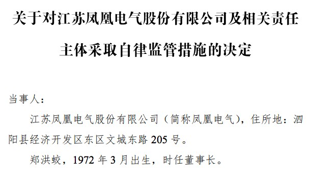 凤凰电气董事长被警示 未履行信息披露义务等