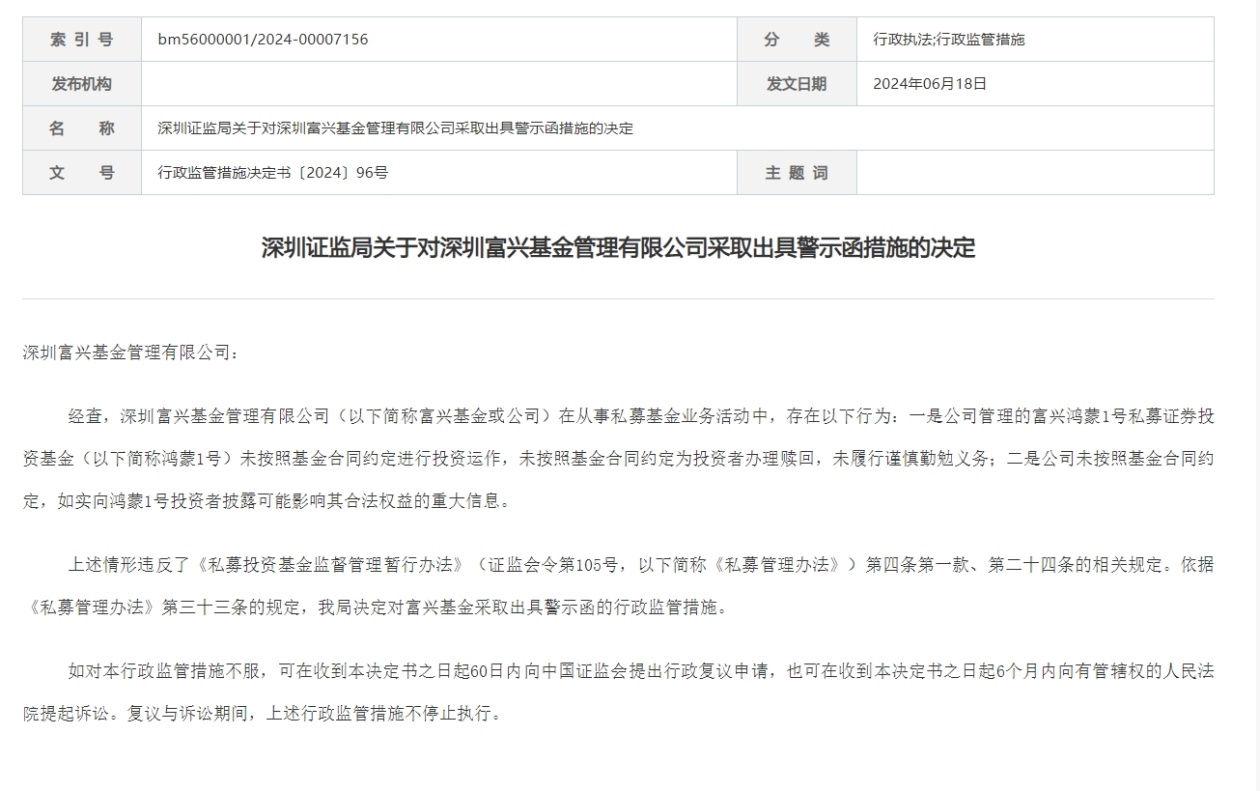 天天讯息：深圳富兴基金被出具警示函 涉及未按合同约定进行投资运作等